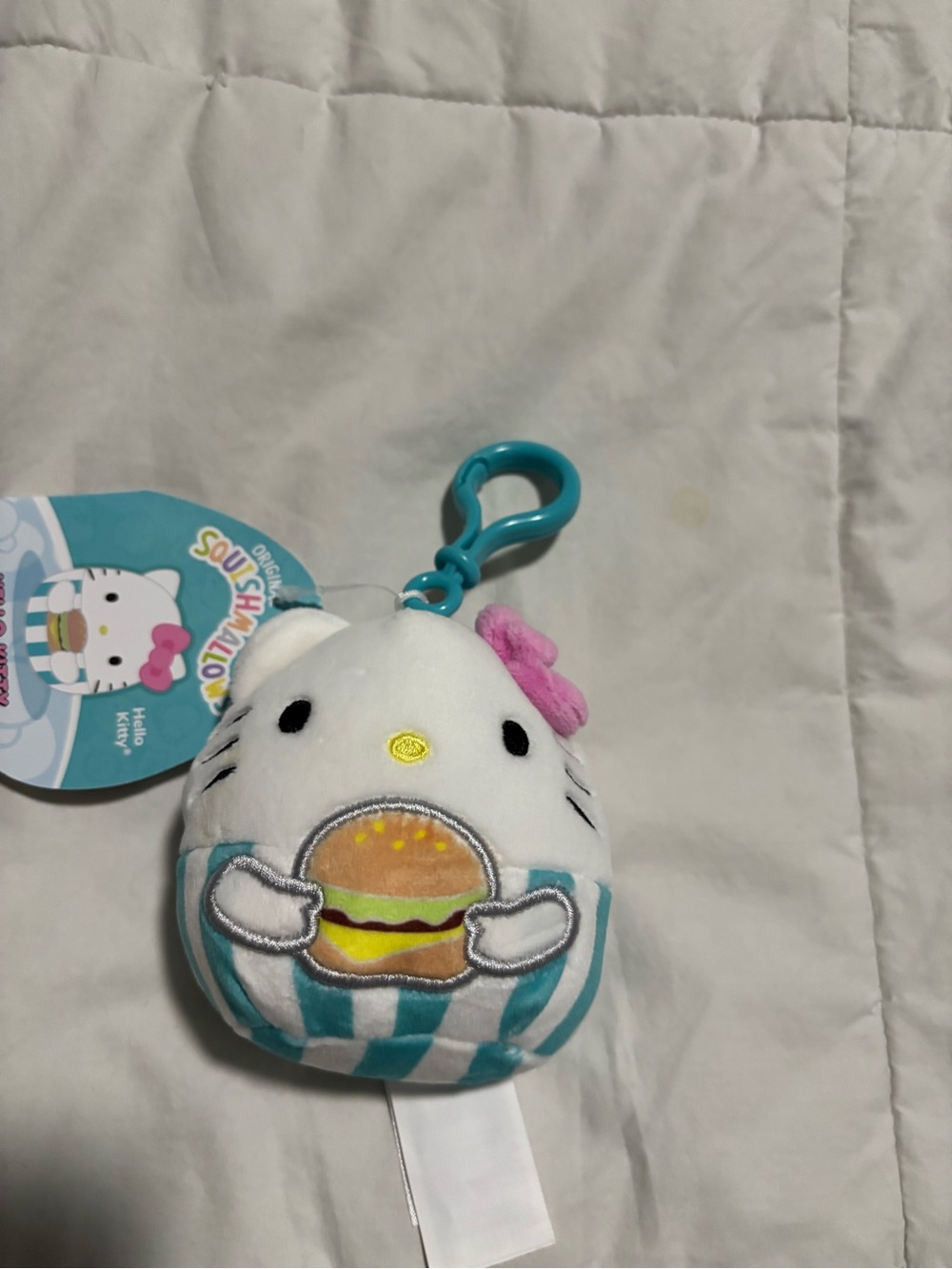 🩵Hello Kitty Teal and White Striped Plush Key Clip with Pink Bow and Hamburger 🩵